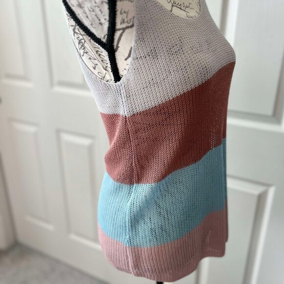 Women's Locked Stitched Colorful Striped Grey, Brown, Turquoise & Pink Tank Top - Picture 3 of 6